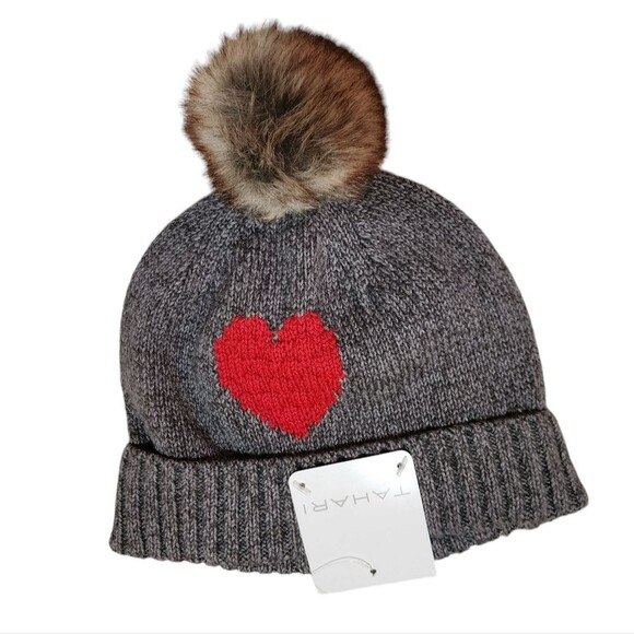 Tahari Sweater Hat Set Girls L Gray Cotton Blend Knit Red Heart Faux Fur Pom - Picture 2 of 8